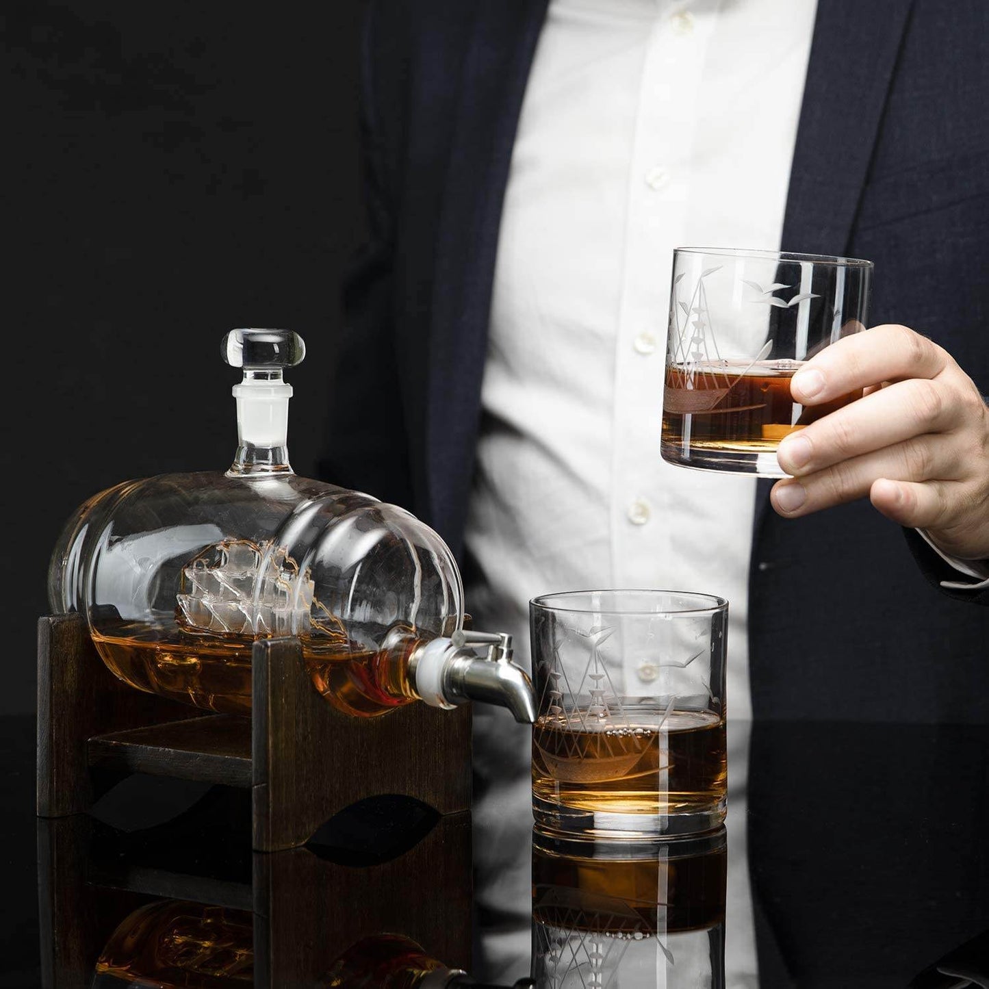 Whiskey Ship in a Barrel Decanter With Ship With 2-10 oz Glasses - By The Wine Savant, Whiskey & Wine Decanter Clear - Loft&Timber