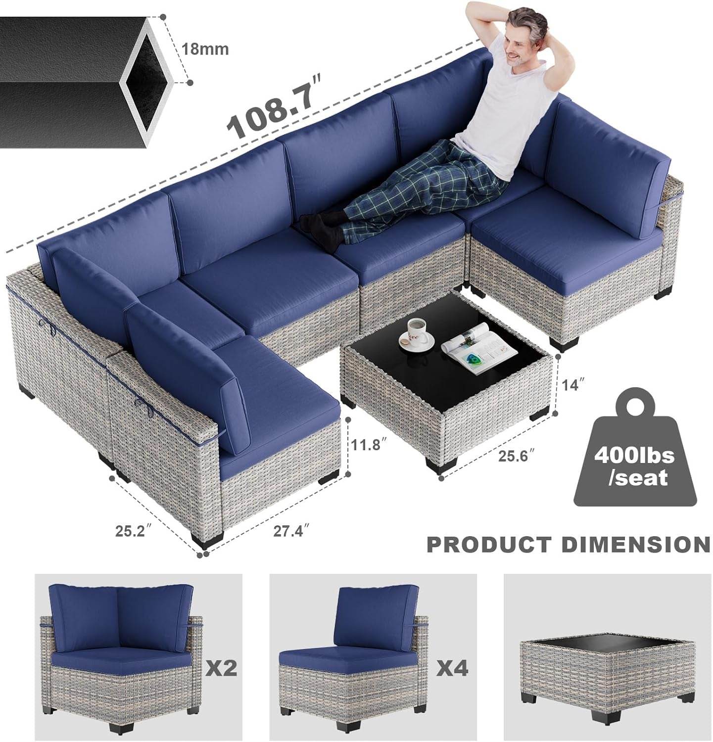 7-Piece Patio Furniture Set, Outdoor Patio Furniture with Thick Cushions, Modular Patio Sofa, Dual-Strand Wicker Rattan, Rust-Resistant Frame, Backyard Furniture for Garden, Deck, Navy Blue - Loft&Timber