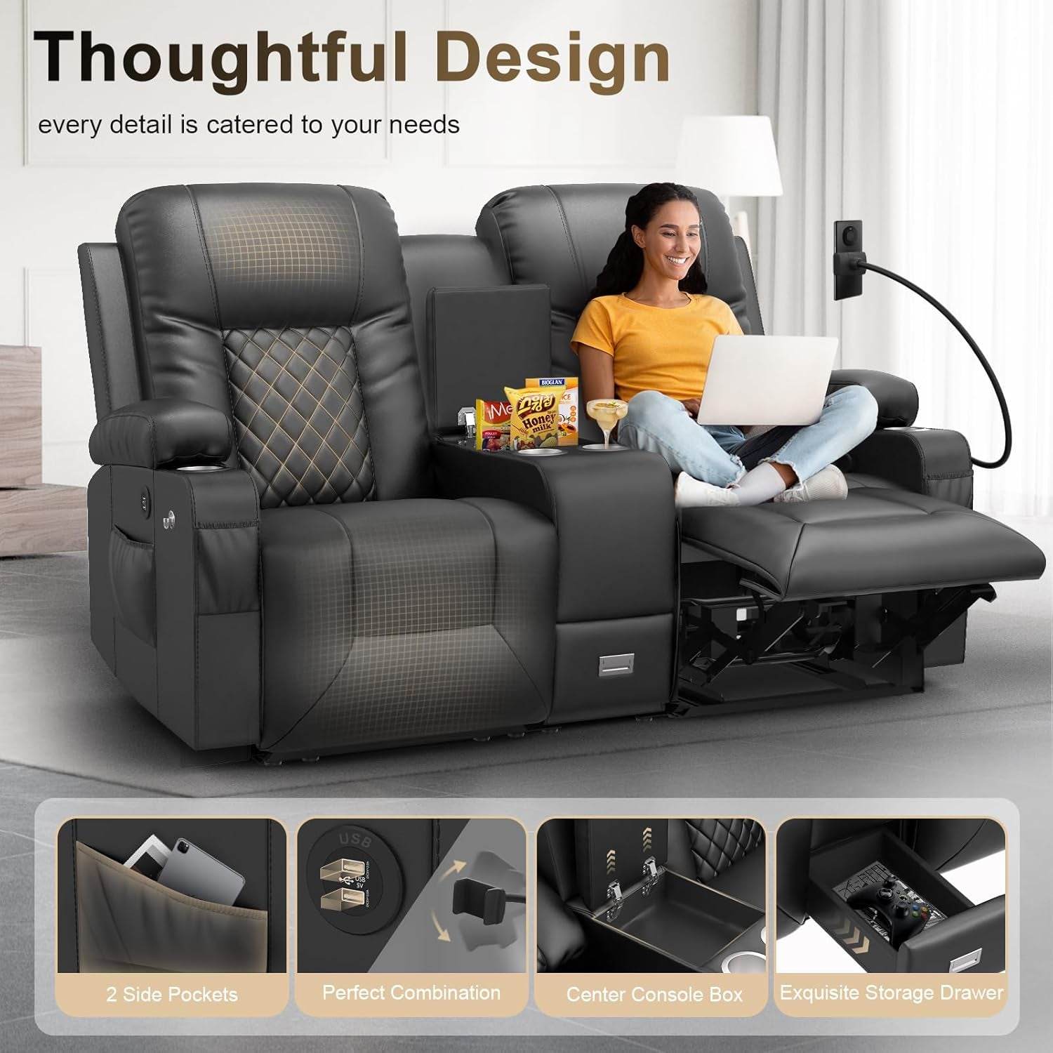Large Loveseat Recliner, Loveseat Recliner Sofa with Storage Console, Recliner Chair with USB Ports, 2 Cell Phone Holders, Cup Holder, Loveseat Couch for Living Room - Loft&Timber