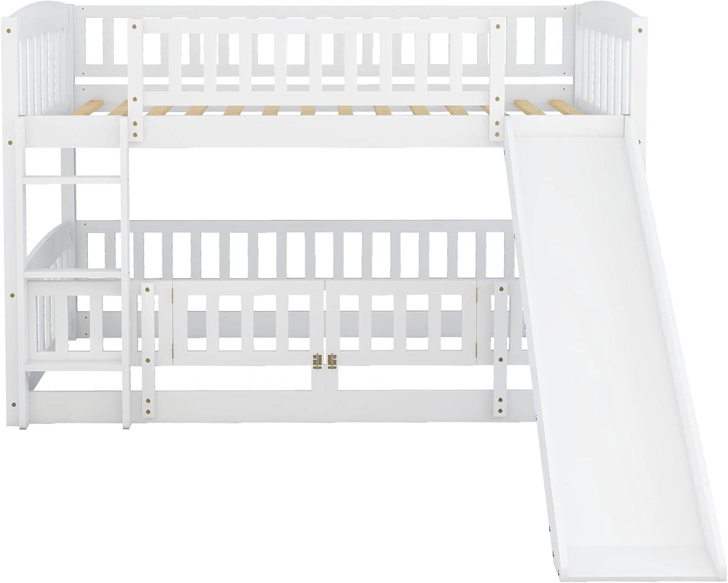 Bunk Bed Twin over Twin with Slide and Stairs, Twin Bunk Bed for Kids, Girls, Boys, Floor Bunk Bed with Fence and Door, White - Loft&Timber