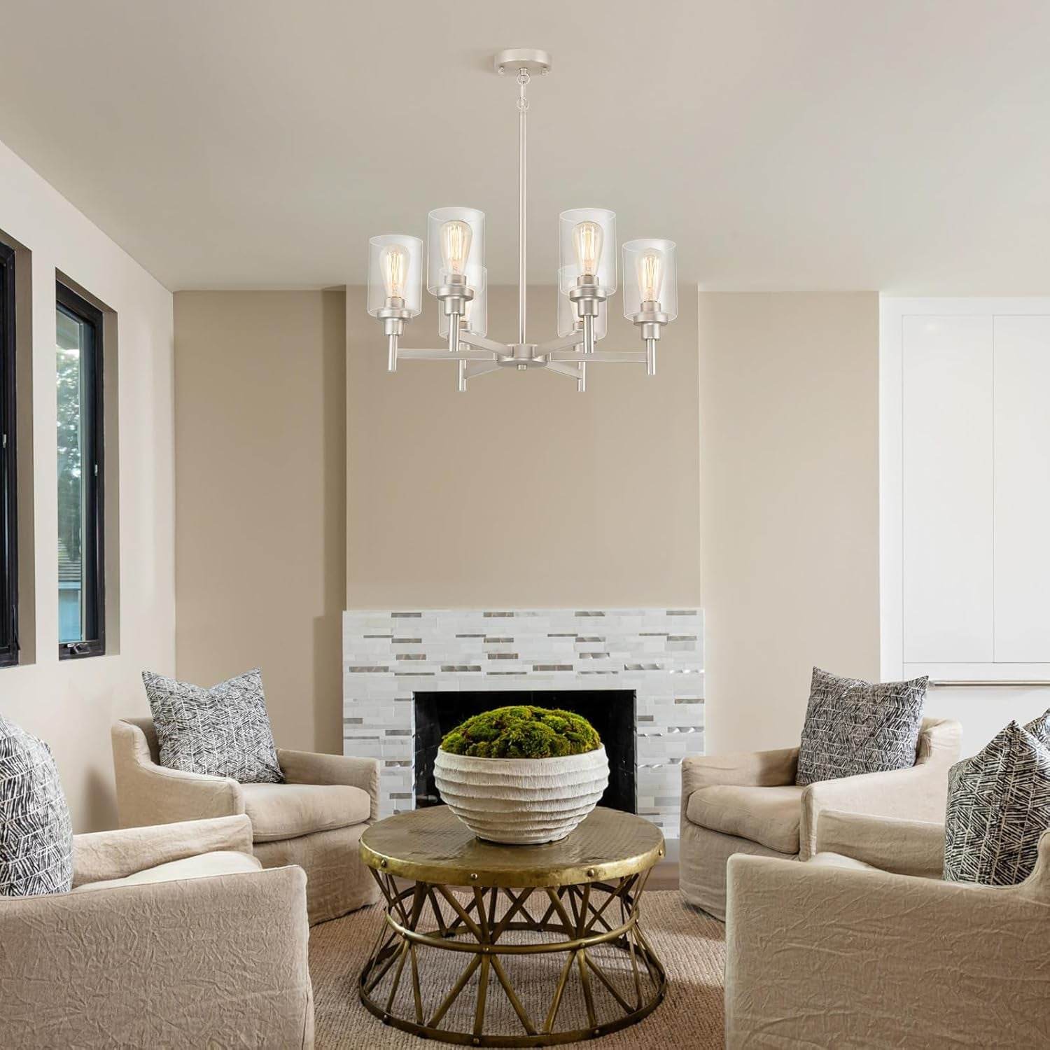 Brushed Nickel Chandeliers for Dining Room Light Fixture over Table, 6 Lights Farmhouse Chandeliers with Clear Glass Shade Chandelier for Living Room Kitchen Entryway Bedroom Bathroom - Loft&Timber