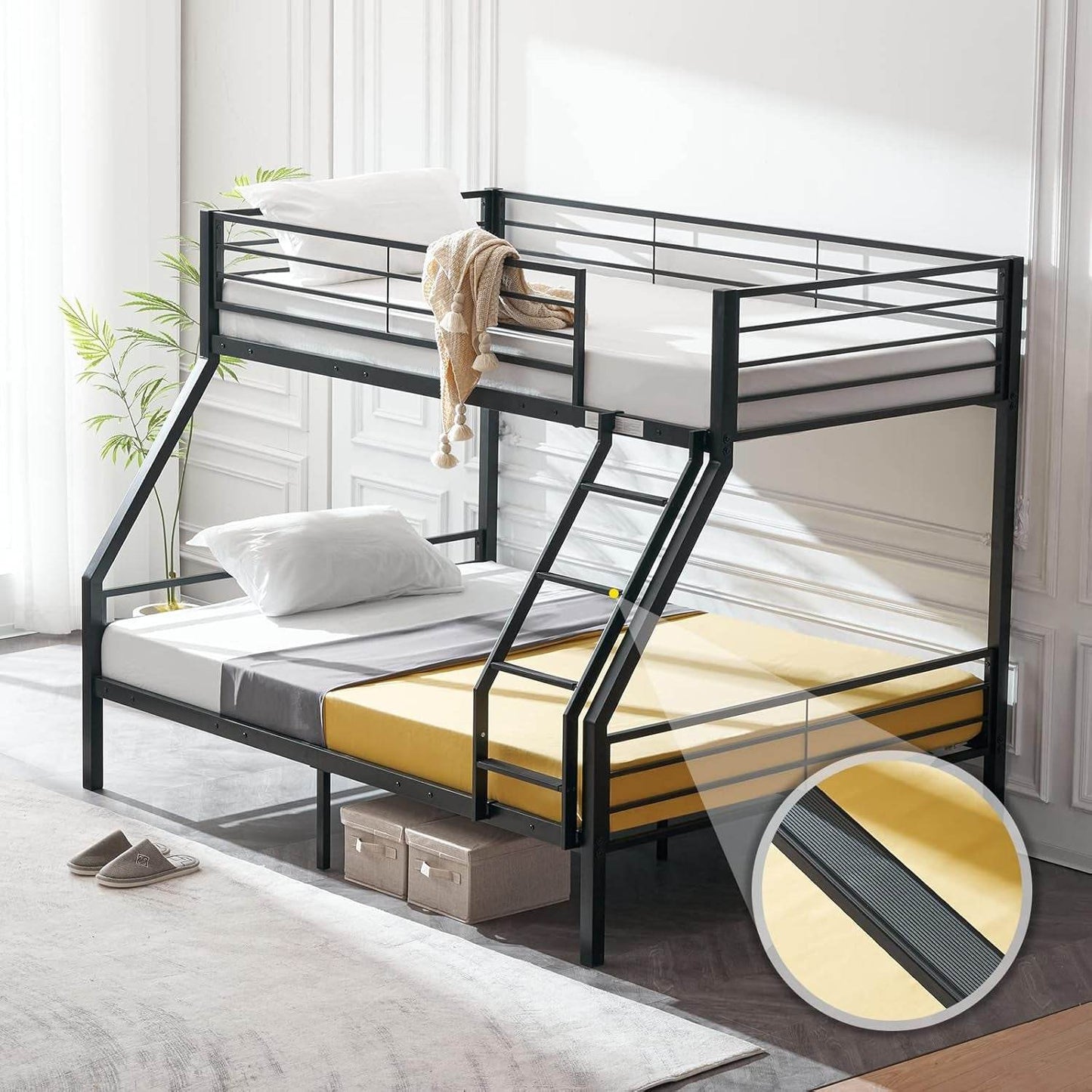 Bunk Beds Twin over Full Size for Kids Teens Adults/Flat Steps/Heavy Duty Metal Slat, Black - Loft&Timber