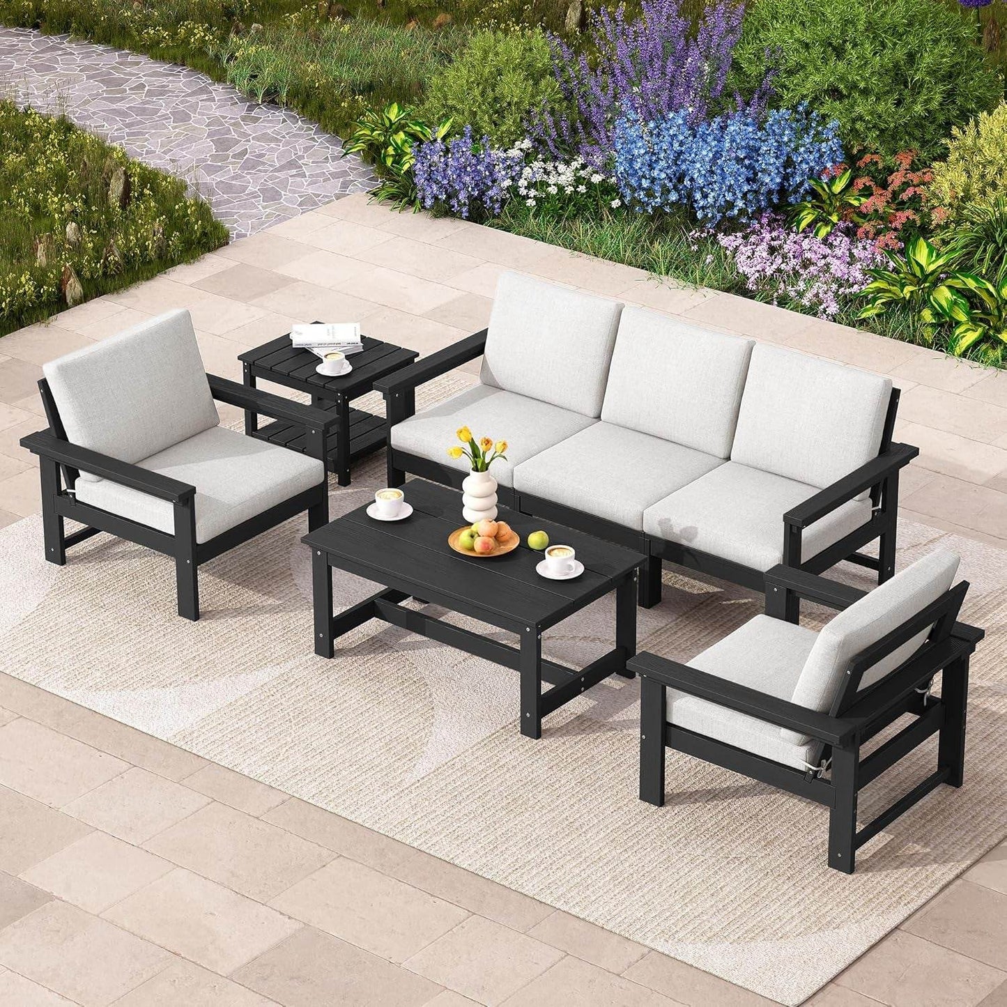 HDPE Outdoor Patio Furniture Set, 7-Piece Outdoor Sectional Patio Conversation Set, All Weather Outdoor Couch Set Patio Sofa Set for Deck, Lawn, Black Frame with Khaki Cushion - Loft&Timber