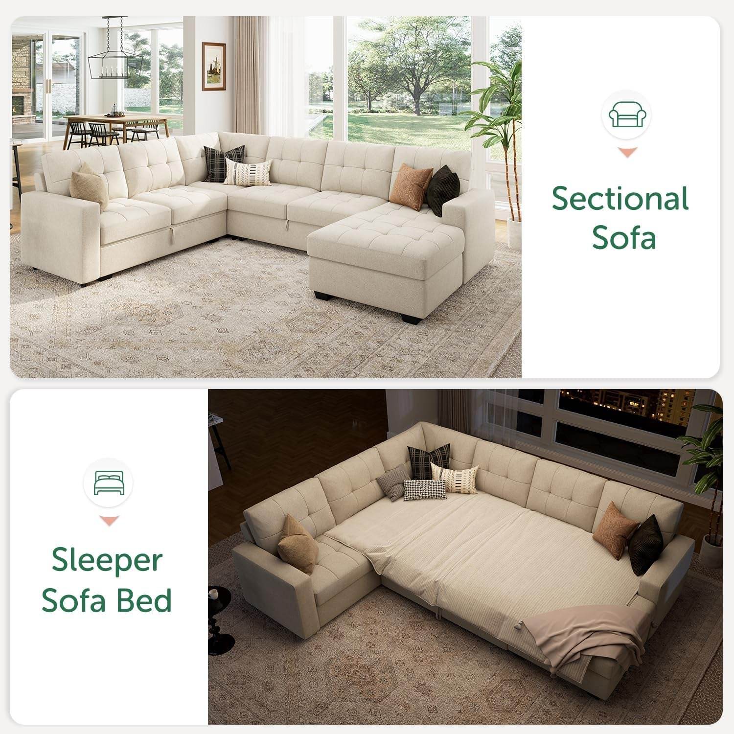Beige U Shaped Sleeper Sofa Bed with Storage - Loft&Timber