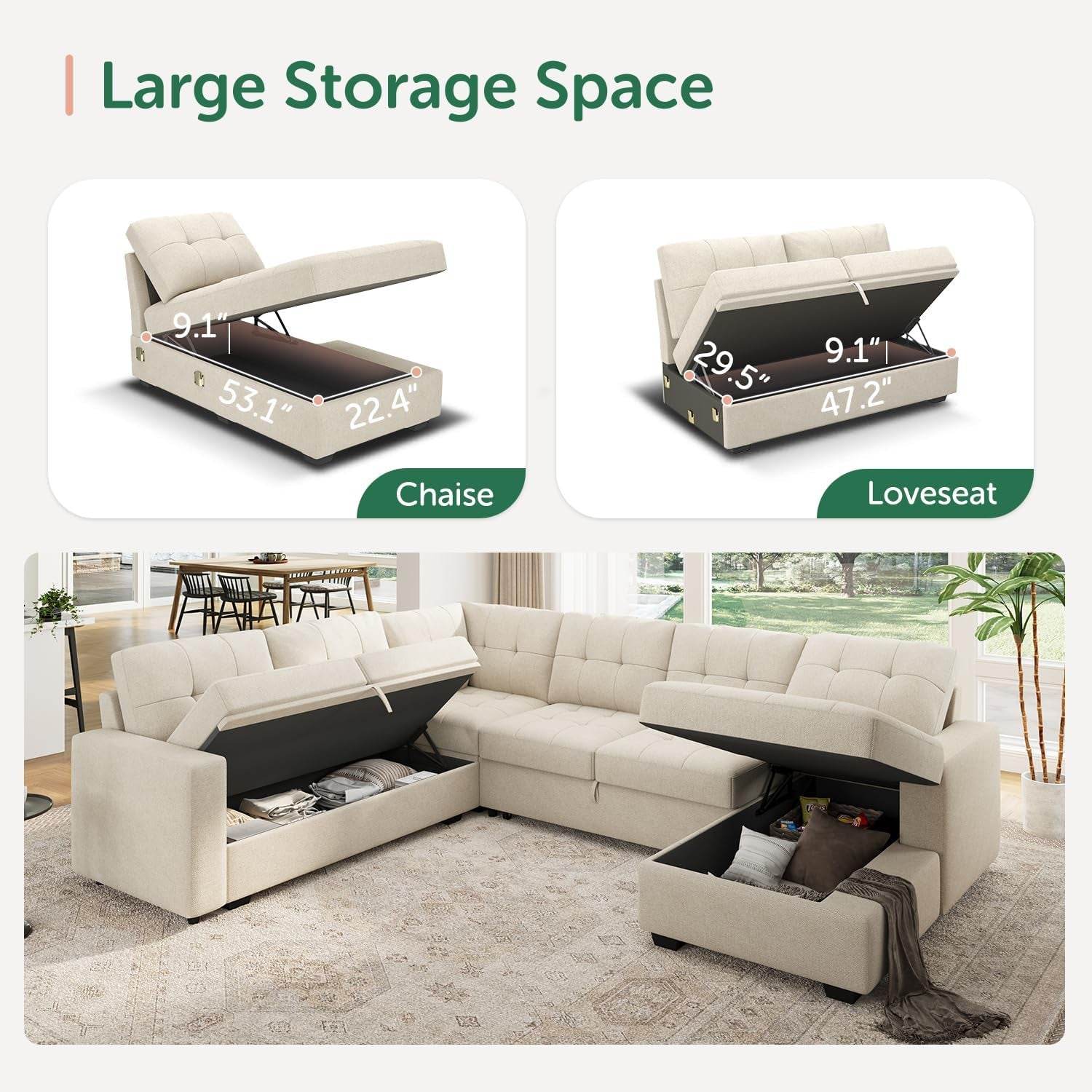 Beige U Shaped Sleeper Sofa Bed with Storage - Loft&Timber