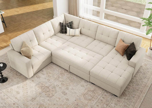 Beige U Shaped Sleeper Sofa Bed with Storage - Loft&Timber