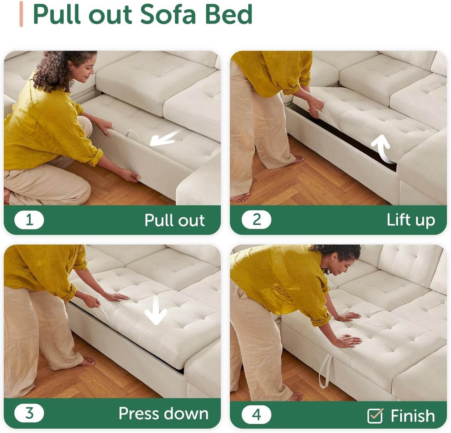 Beige U Shaped Sleeper Sofa Bed with Storage - Loft&Timber