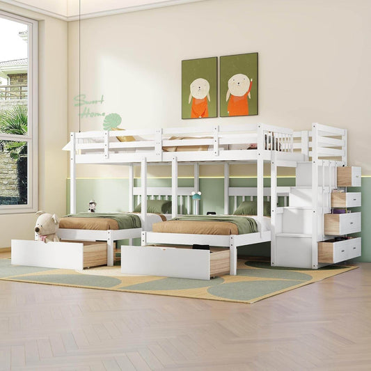Triple Bunk Beds with Drawers, Wood Full over Twin & Twin Bunk Bed with Storage Staircase, Triple Bed for Kids,3 Bed Bunk Beds with Storage for Girls Boys,White - Loft&Timber