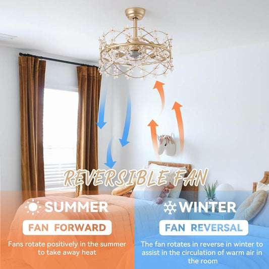 20 Inch Gold Caged Ceiling Fan with Light, Flower Chandelier Ceiling Fan with Lights Remote Control, Modern Crystal Fandelier 6 Speeds for Girl'S Bedroom, Living Room - Loft&Timber