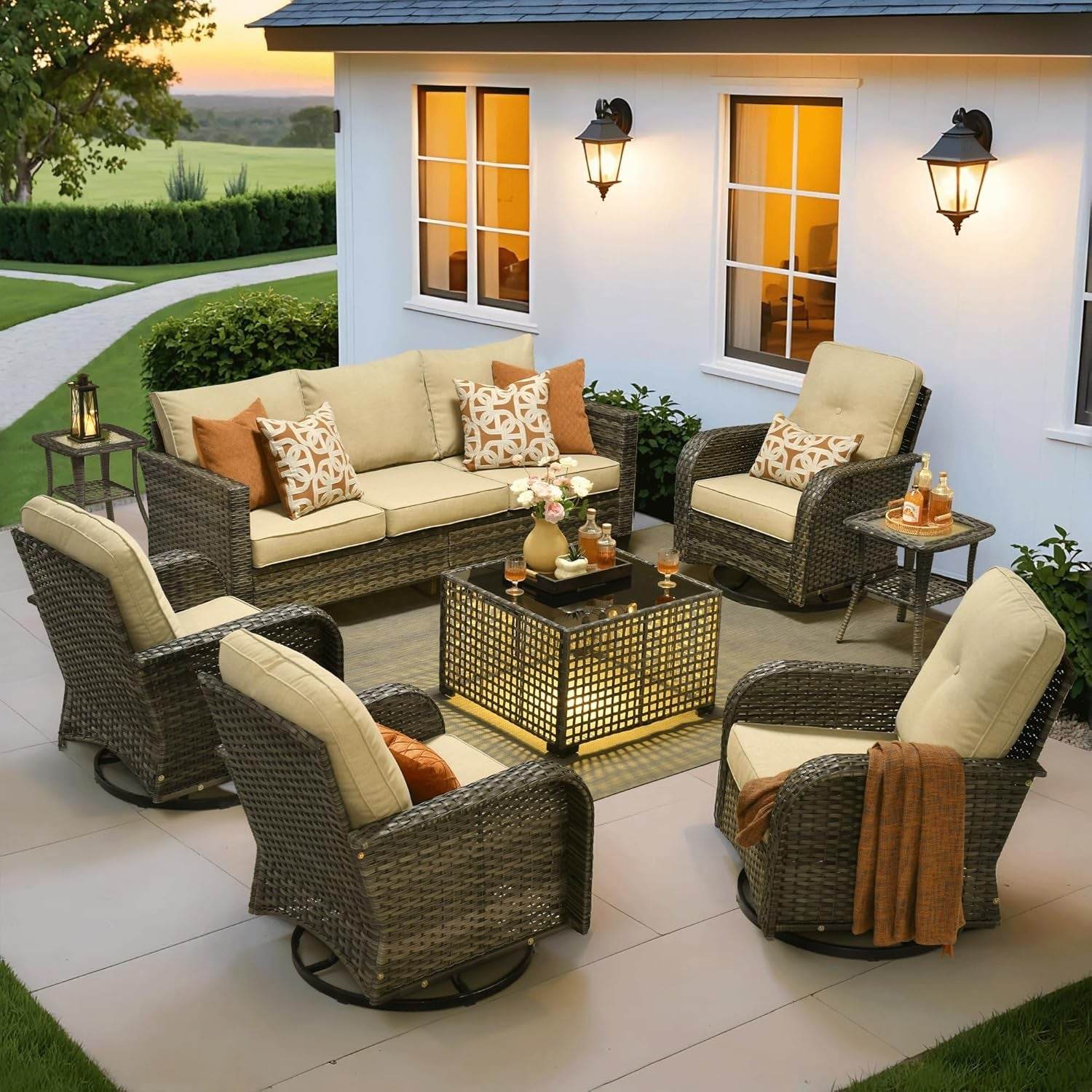 Modern Outdoor Wicker Furniture Set with Swivel Rocking Chairs - Loft&Timber