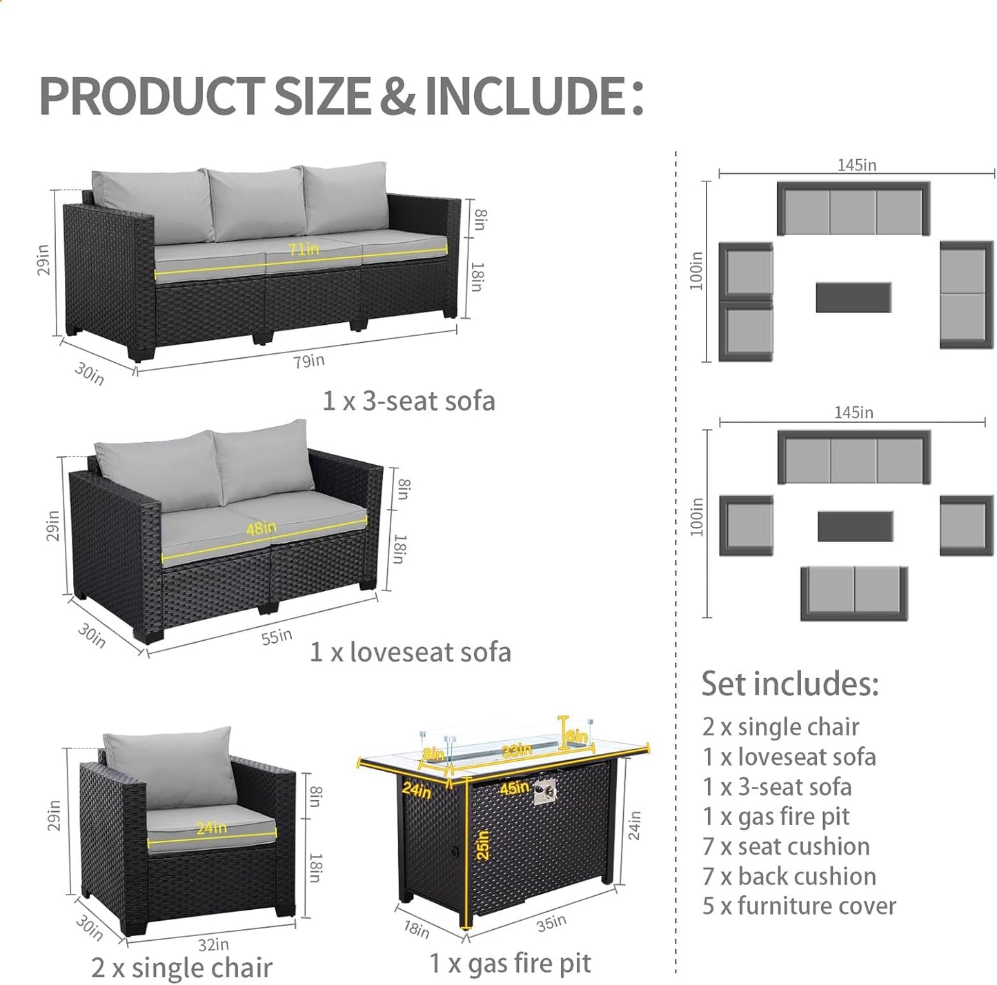 5 Pcs Outdoor Furniture Sets Patio Furniture Set with 45" Fire Pit Patio Couch Outdoor Chairs 60000 BTU Steel Propane Fire Pit Table No-Slip Cushions and Waterproof Covers, Light Grey - Loft&Timber