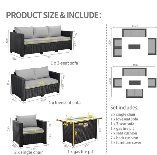 5 Pcs Outdoor Furniture Sets Patio Furniture Set with 45" Fire Pit Patio Couch Outdoor Chairs 60000 BTU Steel Propane Fire Pit Table No-Slip Cushions and Waterproof Covers, Light Grey - Loft&Timber