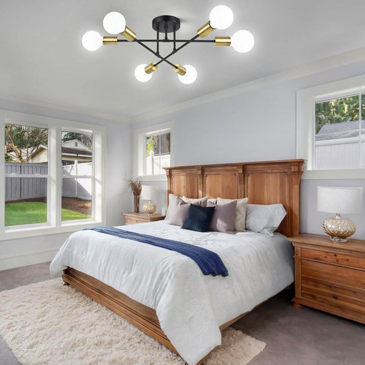 Modern Sputnik Chandelier, 6-Light Farmhouse Semi Flush Mount in Black in Gold - Loft&Timber