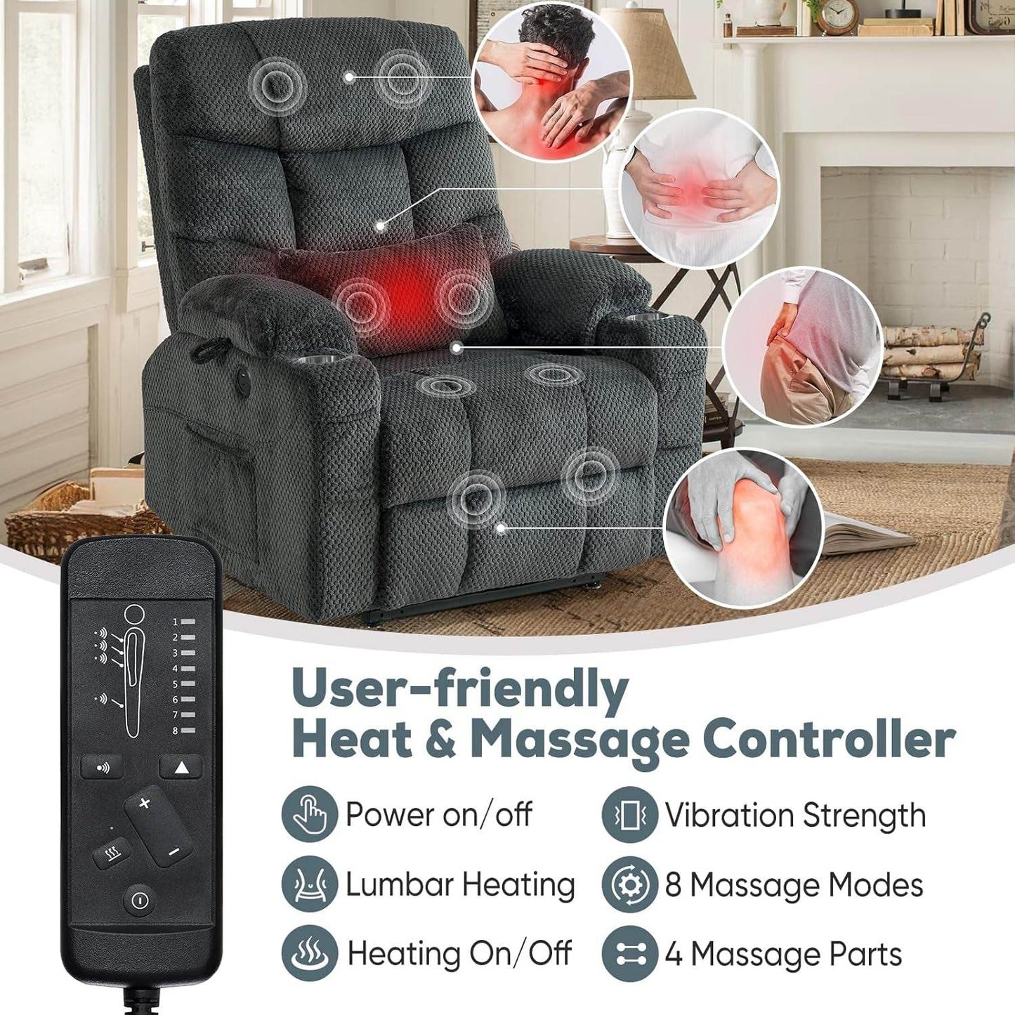 Large Dual Motor Lay Flat Power Lift Recliner Chair Set of 2 for Elderly with Massage and Heat, Textile Oversized Recliner Chair, Lift Chairs Recliner with Lumbar Pillow, Cup Holder, Grey - Loft&Timber