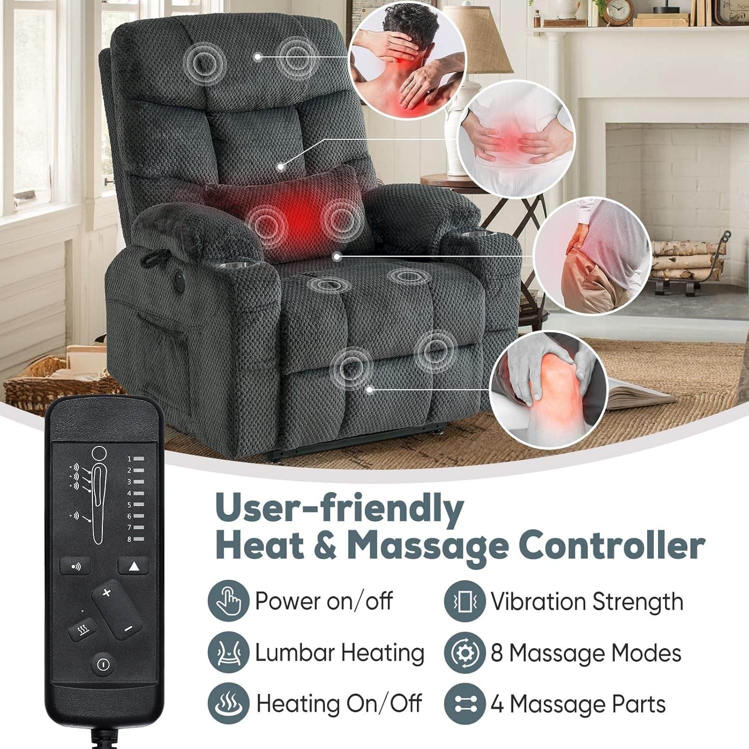 Large Dual Motor Lay Flat Power Lift Recliner Chair Set of 2 for Elderly with Massage and Heat, Textile Oversized Recliner Chair, Lift Chairs Recliner with Lumbar Pillow, Cup Holder, Grey - Loft&Timber