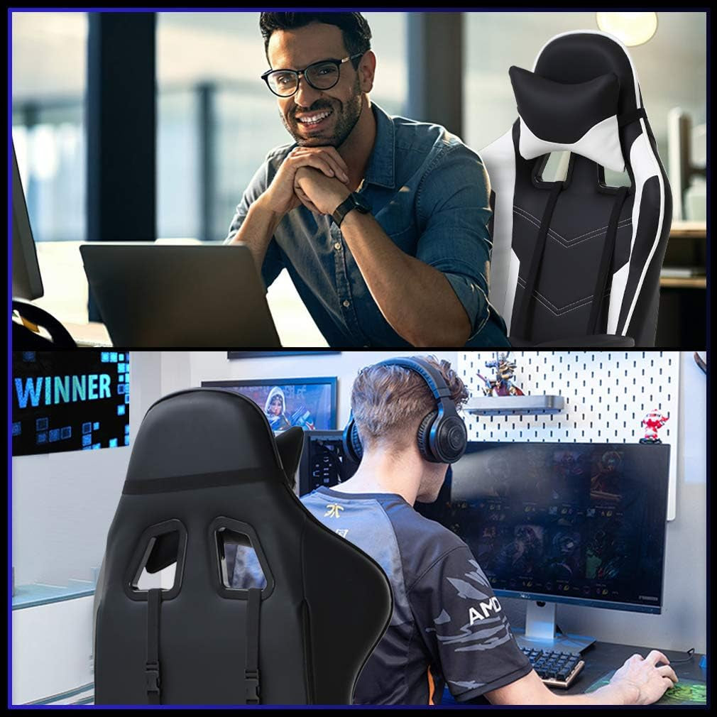 Ergonomic Office, PC Gaming Chair Cheap Desk Chair Executive PU Leather Computer Chair Lumbar Support with Footrest Modern Task Rolling Swivel Chair for Women, Men(White)-3