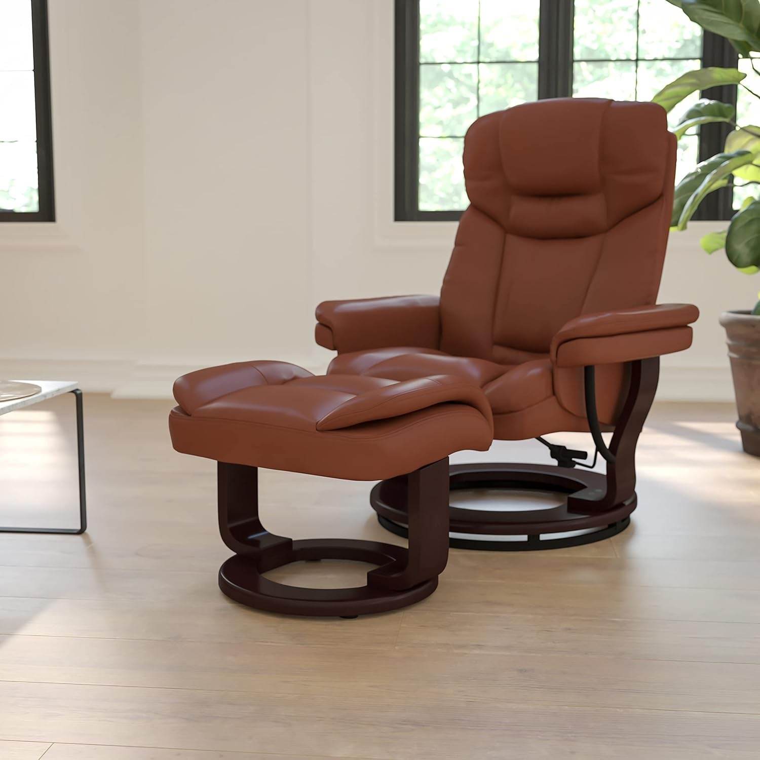Allie Leathersoft Upholstered Recliner with Footrest, Arms, and Headrest, Padded Swivel Recliner Chair and Ottoman Set, Brown Vintage - Loft&Timber
