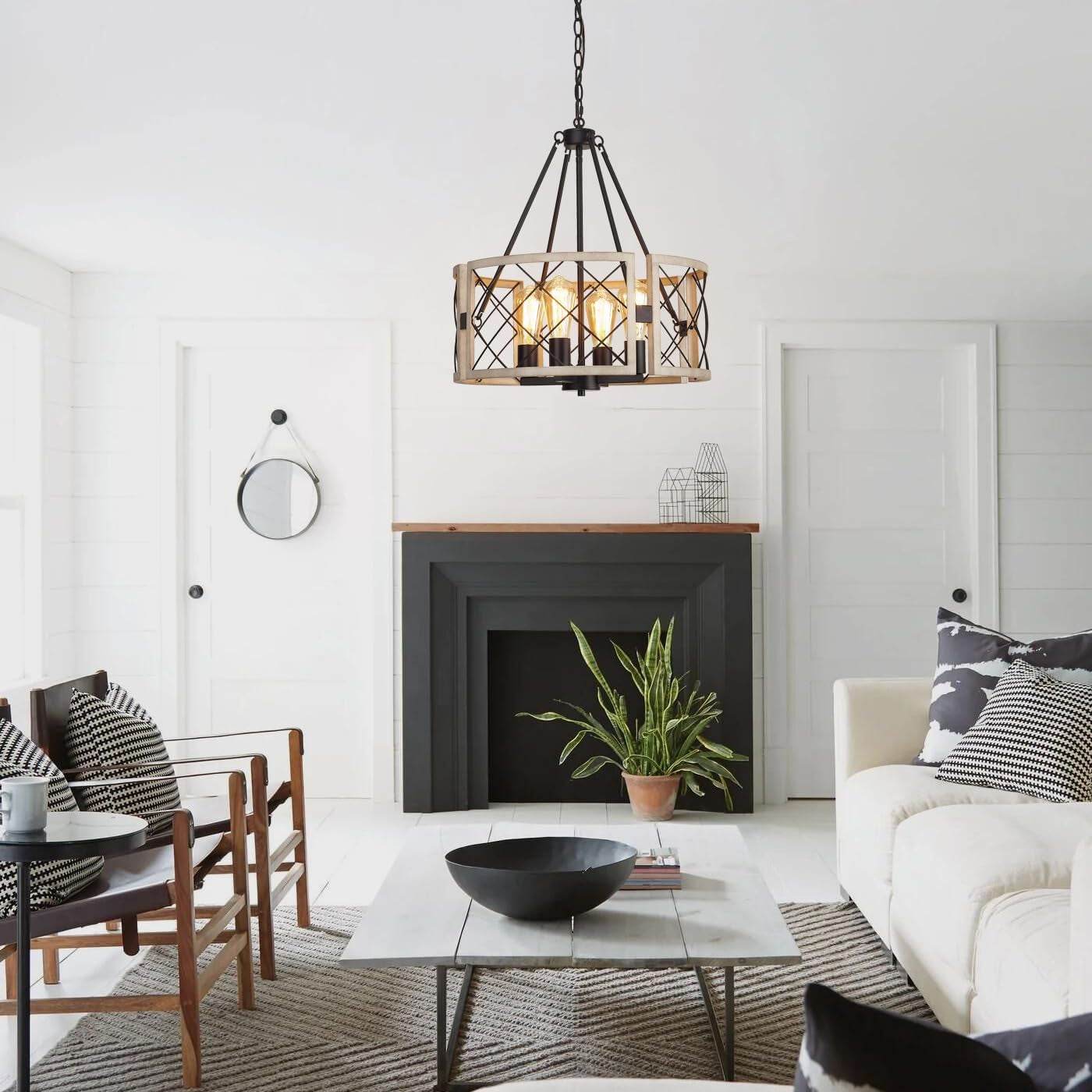 D19'' Farmhouse Chandelier, 4-Light Adjustable Dining Room Light Fixture Kitchen Island Lighting, Rustic Hanging Lights for Entryway Foyer Bedroom Living Room, Black & White Oak - Loft&Timber