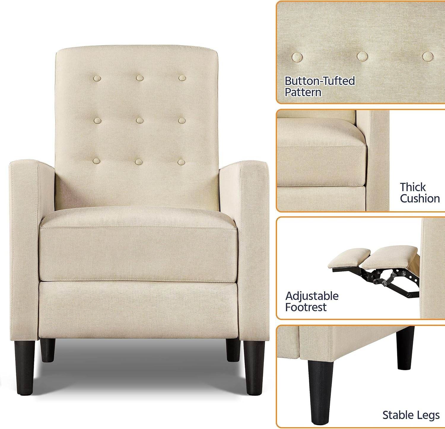 Fabric Recliner Chair Mid-Century Modern Recliner, Beige - Loft&Timber