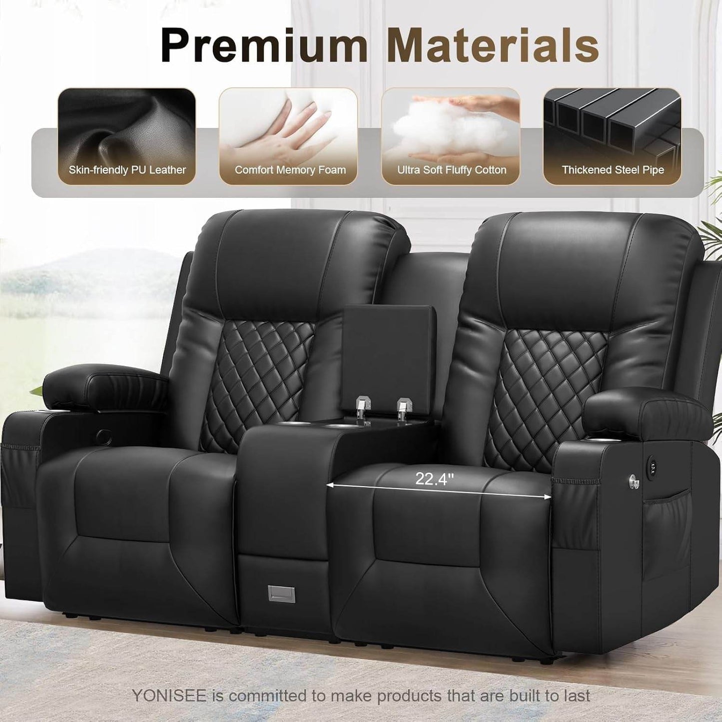 Large Loveseat Recliner, Loveseat Recliner Sofa with Storage Console, Recliner Chair with USB Ports, 2 Cell Phone Holders, Cup Holder, Loveseat Couch for Living Room - Loft&Timber