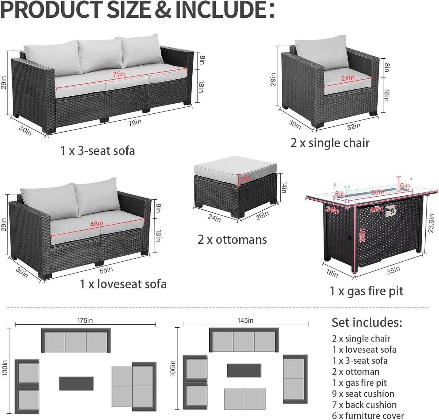 7 PCS Outdoor Furniture Sets 60000BTU 45-Inch Outdoor Propane Fire Pit Table Patio Furniture Set No-Slip Cushions and Waterproof Covers, Light Grey - Loft&Timber