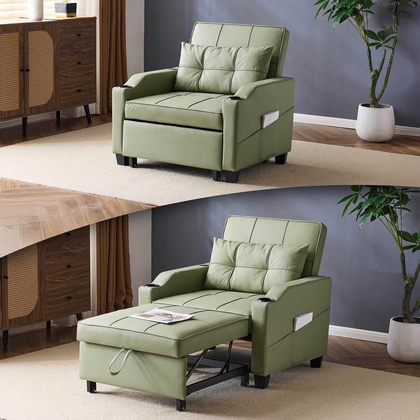 Sofa Bed Chair Recliner, 3-In-1 Convertible Sleeper Sofa Chair Bed Green Daybed Pull Out Couch Bed with Adjustable Backrest, USB Ports, Cup Holders for Small Spaces Living Room - Loft&Timber