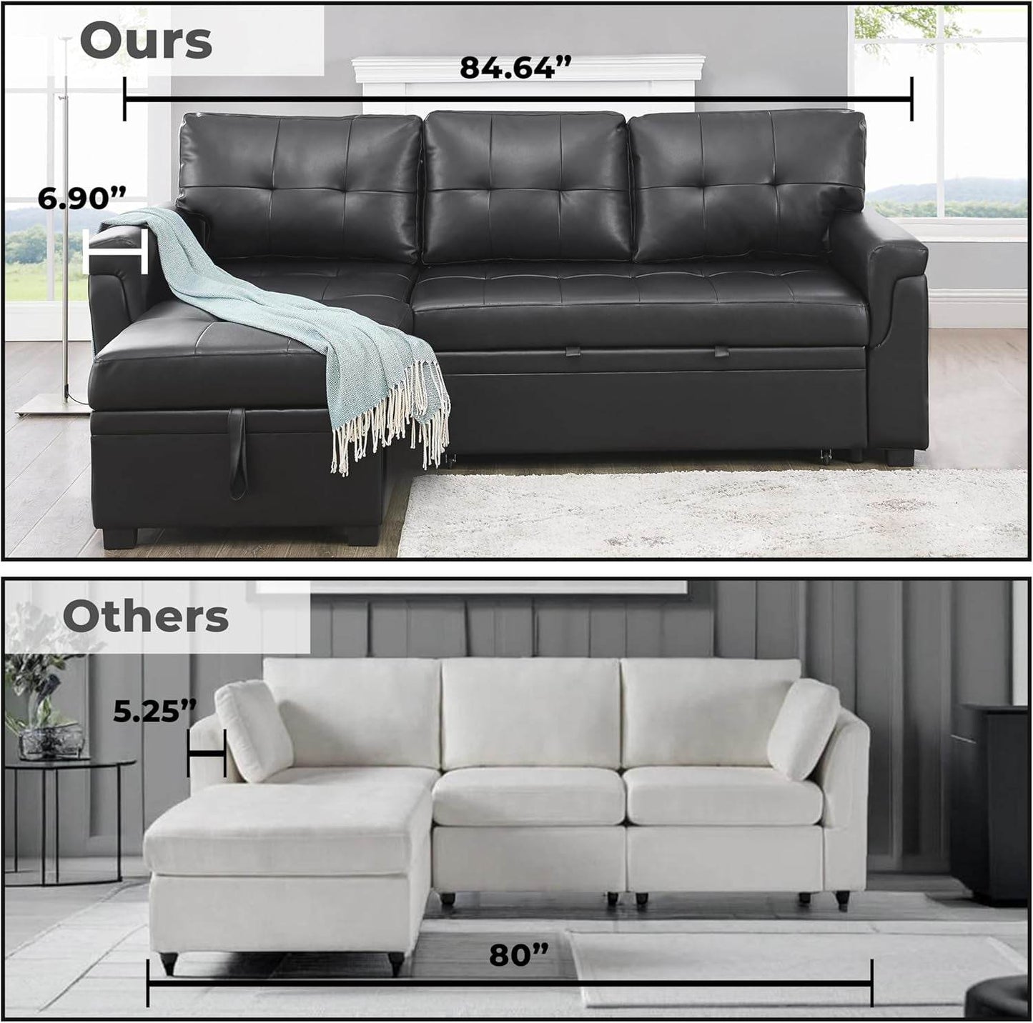 Jenny Sectional Sofa Sleeper with Storage Chaise, Tufted Pull Out Couch with Storage, Sectional Bed, L-Shaped Reversible Sleeper Sofa, Black,Air Leather - Loft&Timber