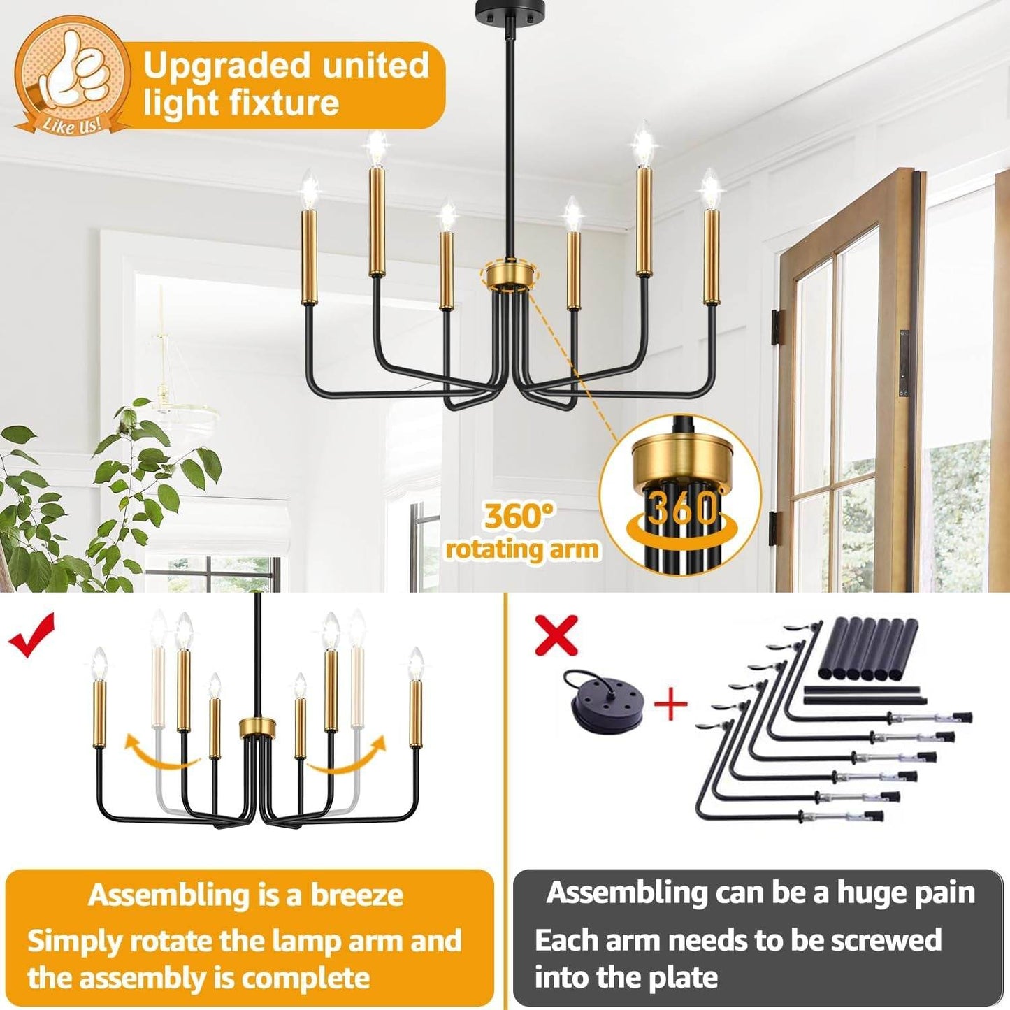 Black and Gold Chandelier, 6-Light Farmhouse Chandelier for Dining Room Lighting Fixtures Hanging, Dining Light Fixtures Industrial Modern Chandelier for Bedroom, Foyer, Living Room and Entryway - Loft&Timber