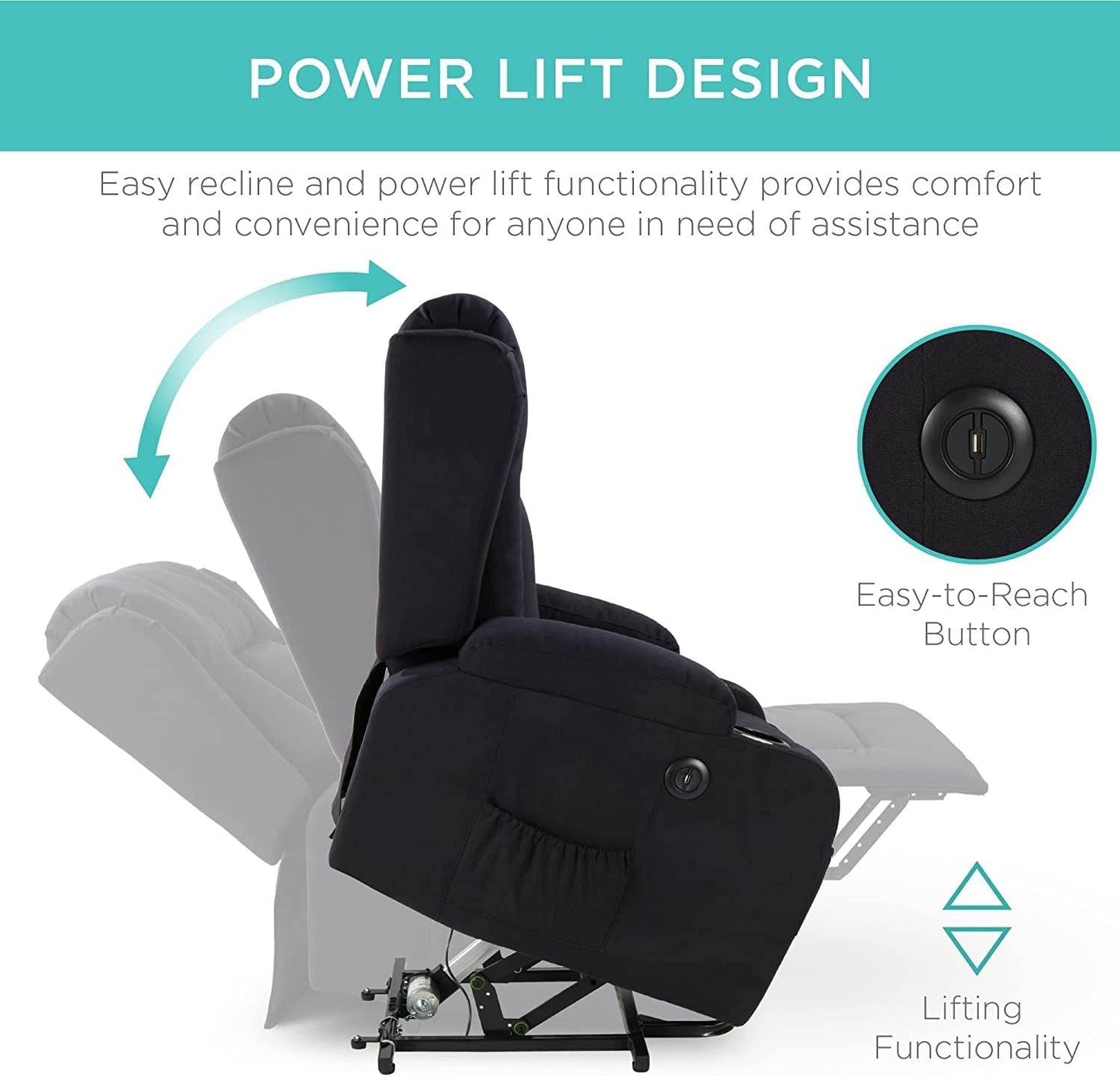 Electric Power Lift Linen Recliner Massage Chair (Black) - Loft&Timber