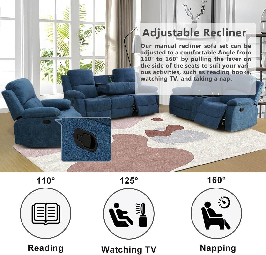 3 Seater Recliner Sofa Couch Modern Manual Reclining Sofa Fabric Reclining Sofa Living Room Couch with Dual Cup Holders and Drop down Table for Living Room/Office/Rv Car (Blue, 3 Seater Sofa) - Loft&Timber