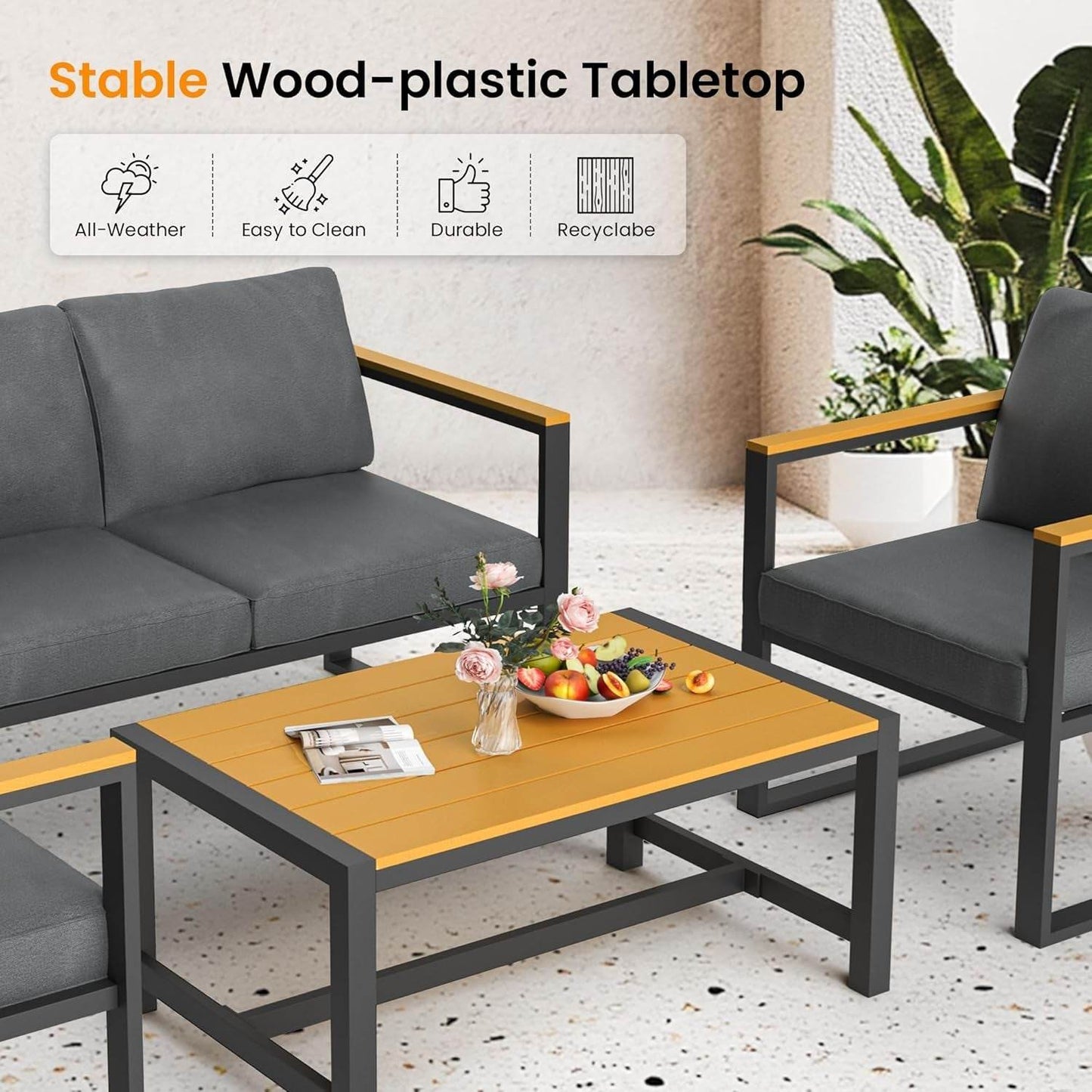 4 Pieces Outdoor Patio Furniture Set, Modern Metal Balcony Furniture with Plastic-Wood Coffee Table, All-Weather Outdoor Furniture Set with Thick Cushion for Balcony, Porch, Gray - Loft&Timber