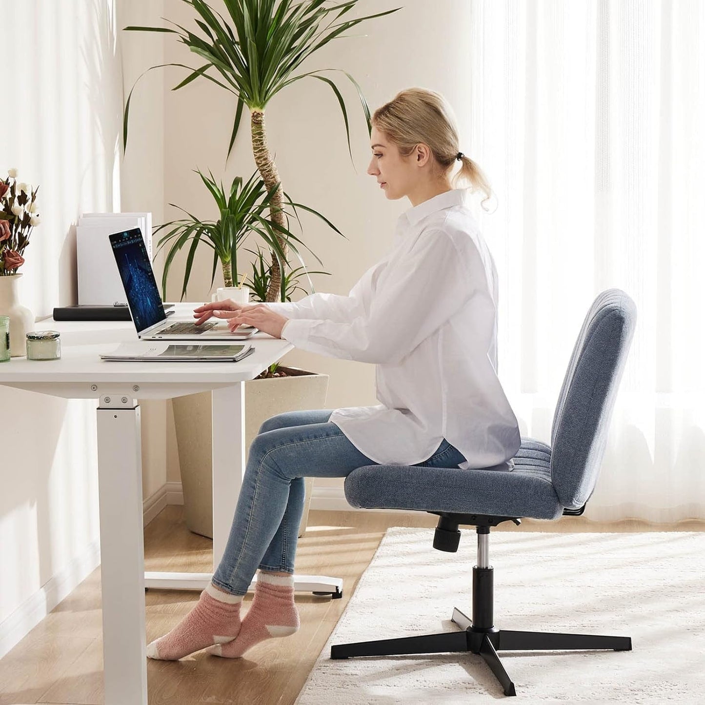 Cross Legged Office Chair, Armless Wide Desk Chair No Wheels, Modern Home Office Desk Chair Swivel Adjustable Fabric Vanity Chair-1