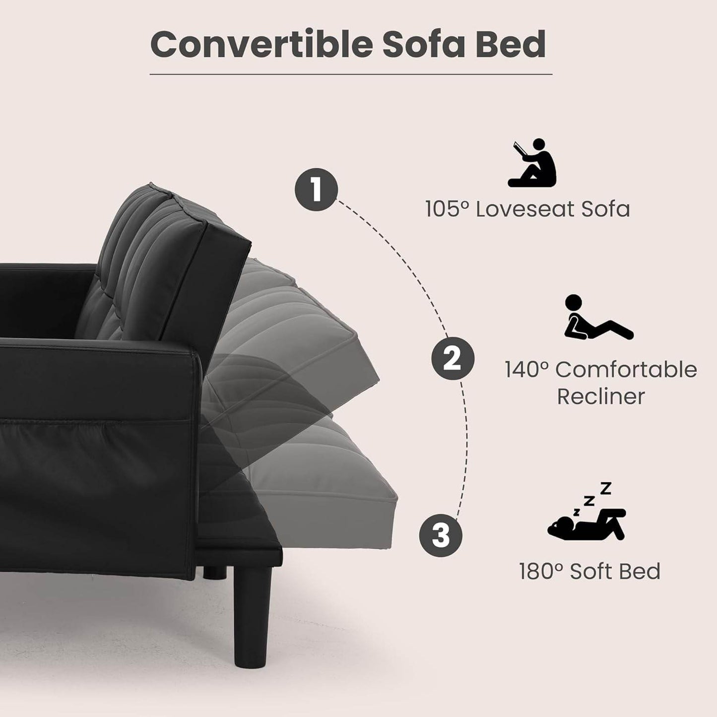 Faux Leather Futon Couch, Convertible Sofa Bed with Adjustable Back, Black - Loft&Timber