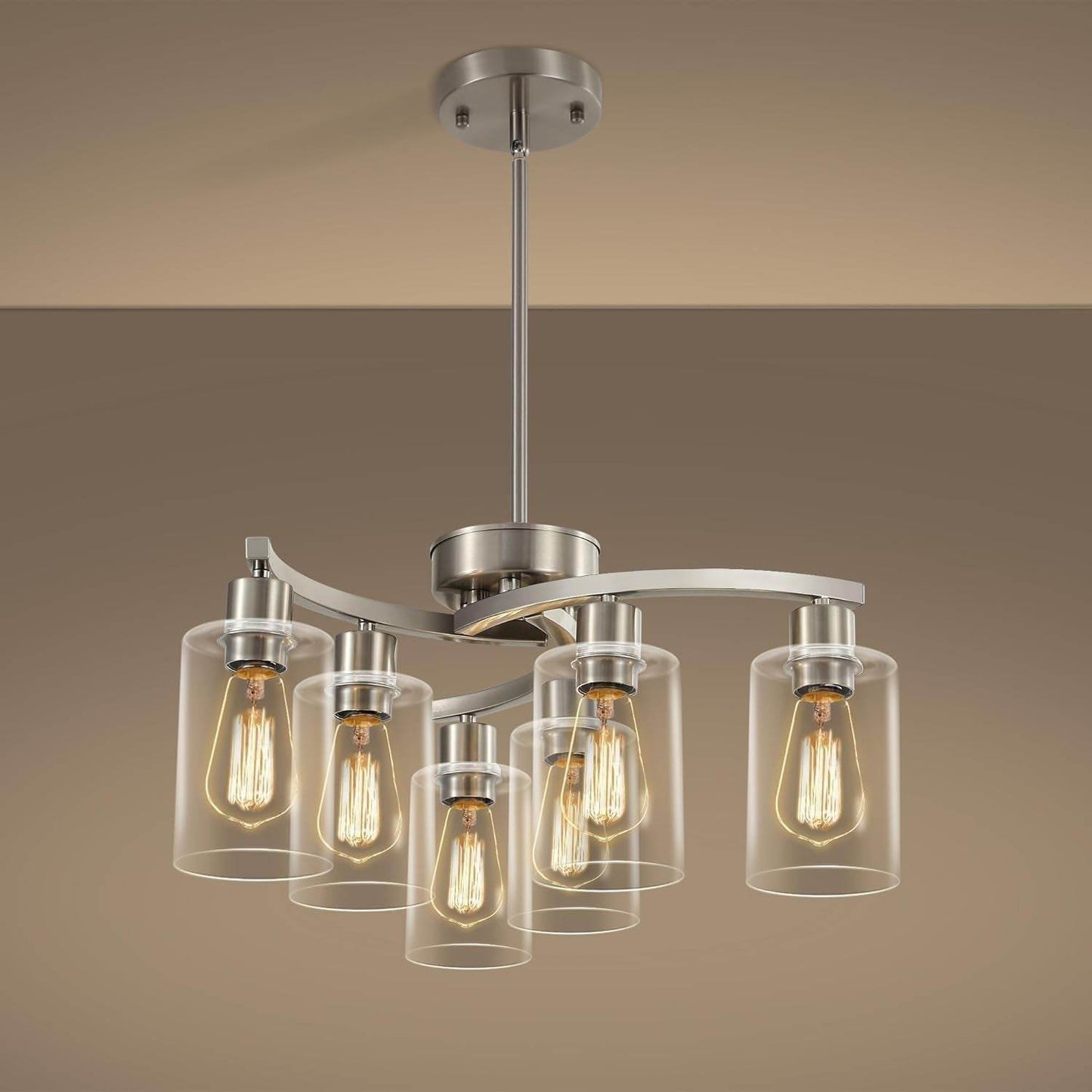 6-Light Brushed Nickel Industrial Glass Chandelier - Loft&Timber
