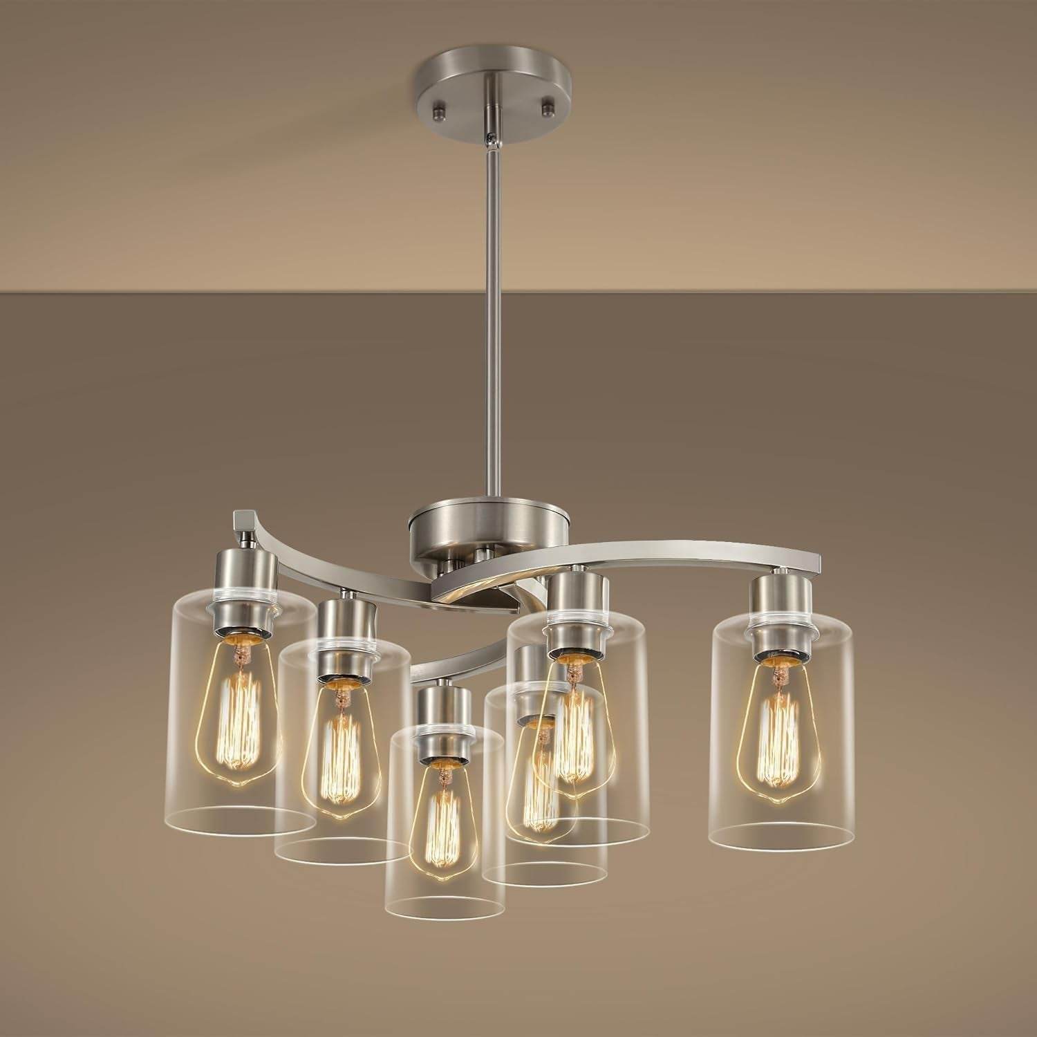 6-Light Brushed Nickel Industrial Glass Chandelier - Loft&Timber