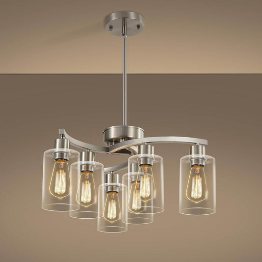 6-Light Brushed Nickel Industrial Glass Chandelier - Loft&Timber