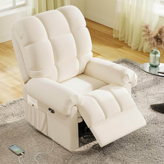 2024 New Power Recliner Chair for Adults, Adjustable Electric Recliner Power Recliner, USB Port, Ultra-Comfy Teddy Fleece Recliner for Living Room, Tool-Less Assembly Single Sofa, Beige White - Loft&Timber