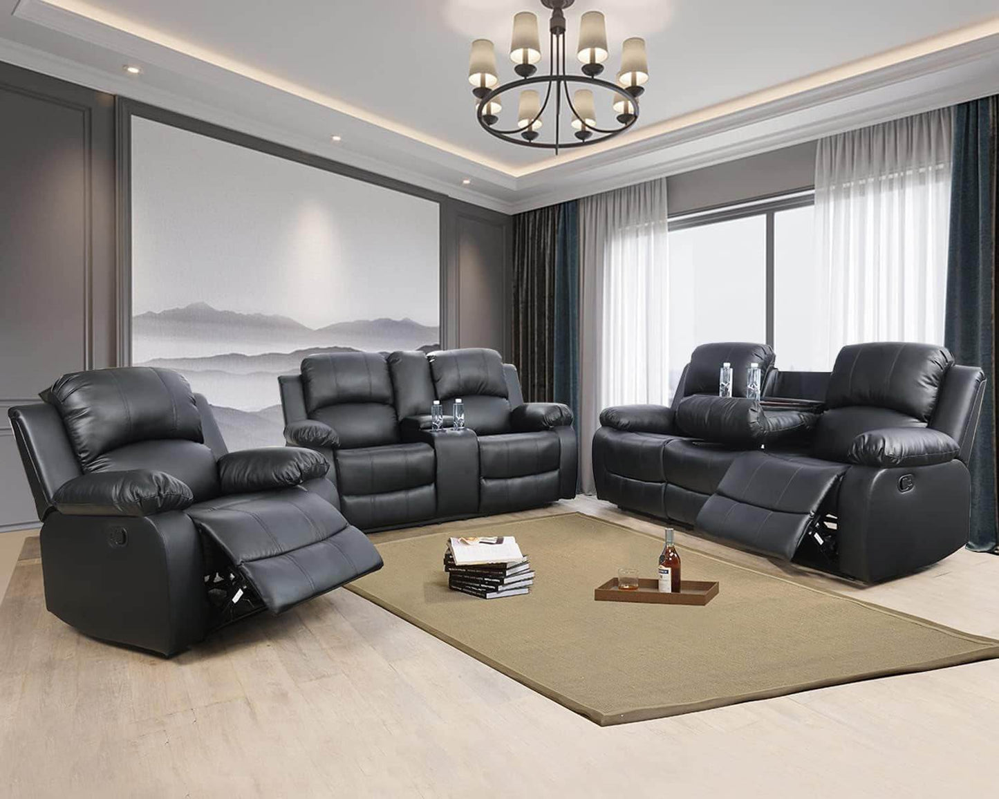 Manual Recliner Sofa Set, Bonded Leather in Black - Loft&Timber