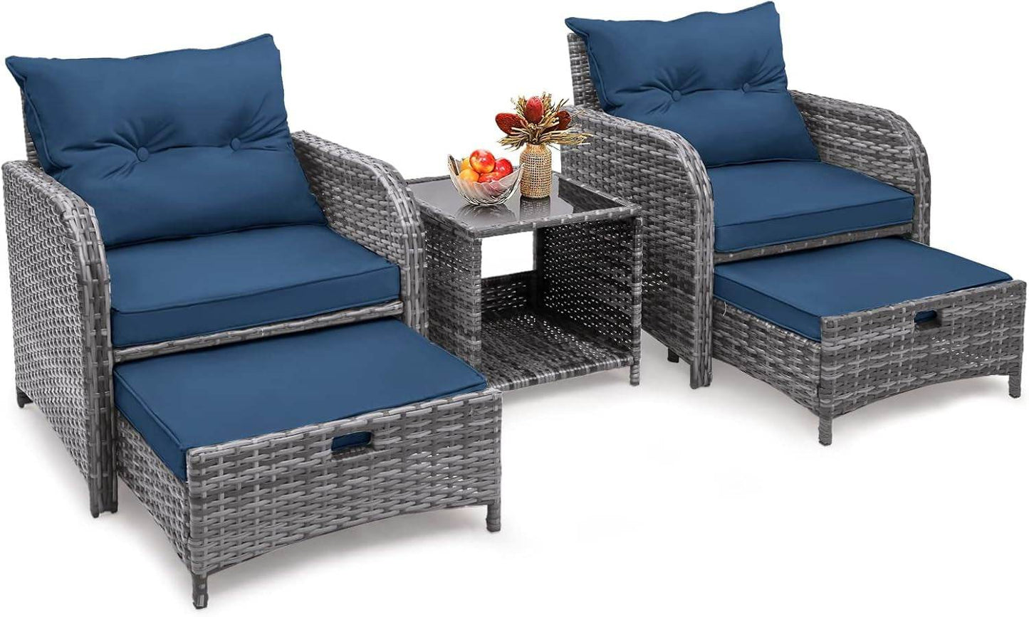 5 Pieces Wicker Outdoor Patio Chairs Set with Ottoman, All Weather PE Rattan Patio Conversation Furniture Set Outdoor Furniture Set with Hidden Ottoman for Poolside Garden Balcony, Blue - Loft&Timber