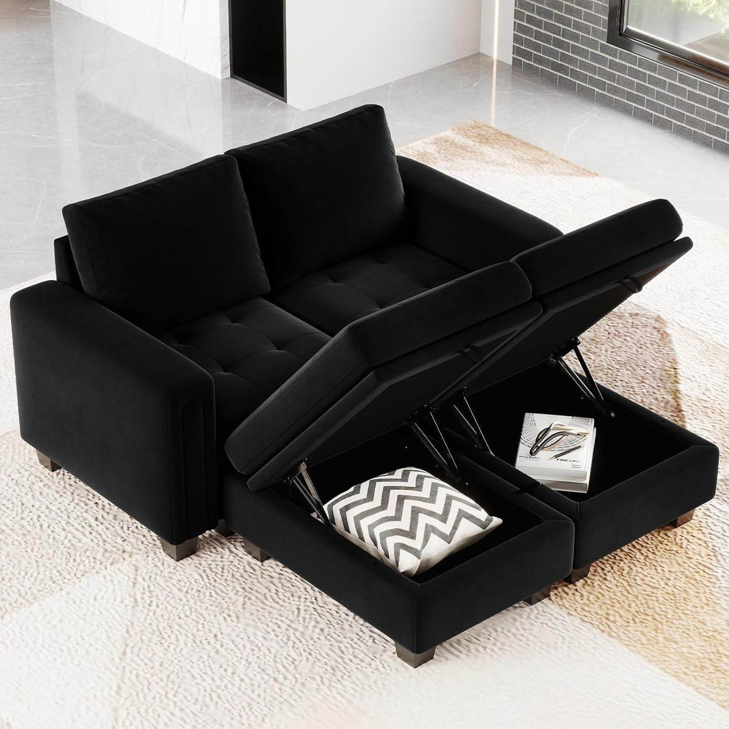 Velvet Modular Sectional Sofa Couch with Storage Convertible Sectional Sleeper Sofa Couch Bed Set with Reversible Chaise Black - Loft&Timber