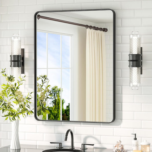 Black Bathroom Mirror 24 X 32 Matte Black Metal Framed Vanity Mirror, Tempered Glass, Wall Mounted for Bathroom, Entryway, Bedroom, Living Room(Horizontal/Vertical)-0