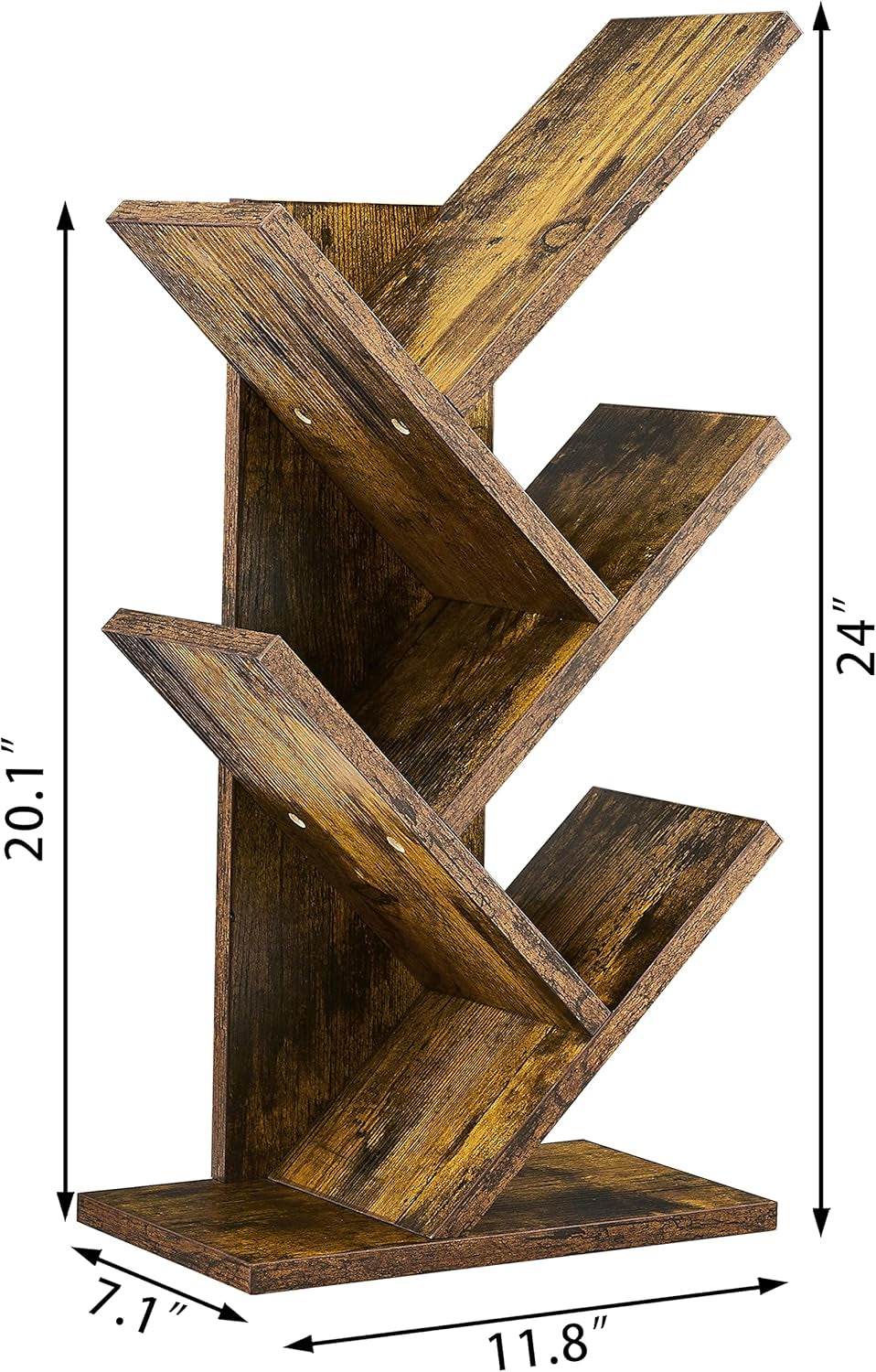 4 Tier Tree Bookshelf, 4 Shelf Bookcase, Modern Book Storage, Free Standing Tree Bookcase, Utility Organizer Shelves for Home Office, Living Room, Bedroom, Rustic Brown - Loft&Timber