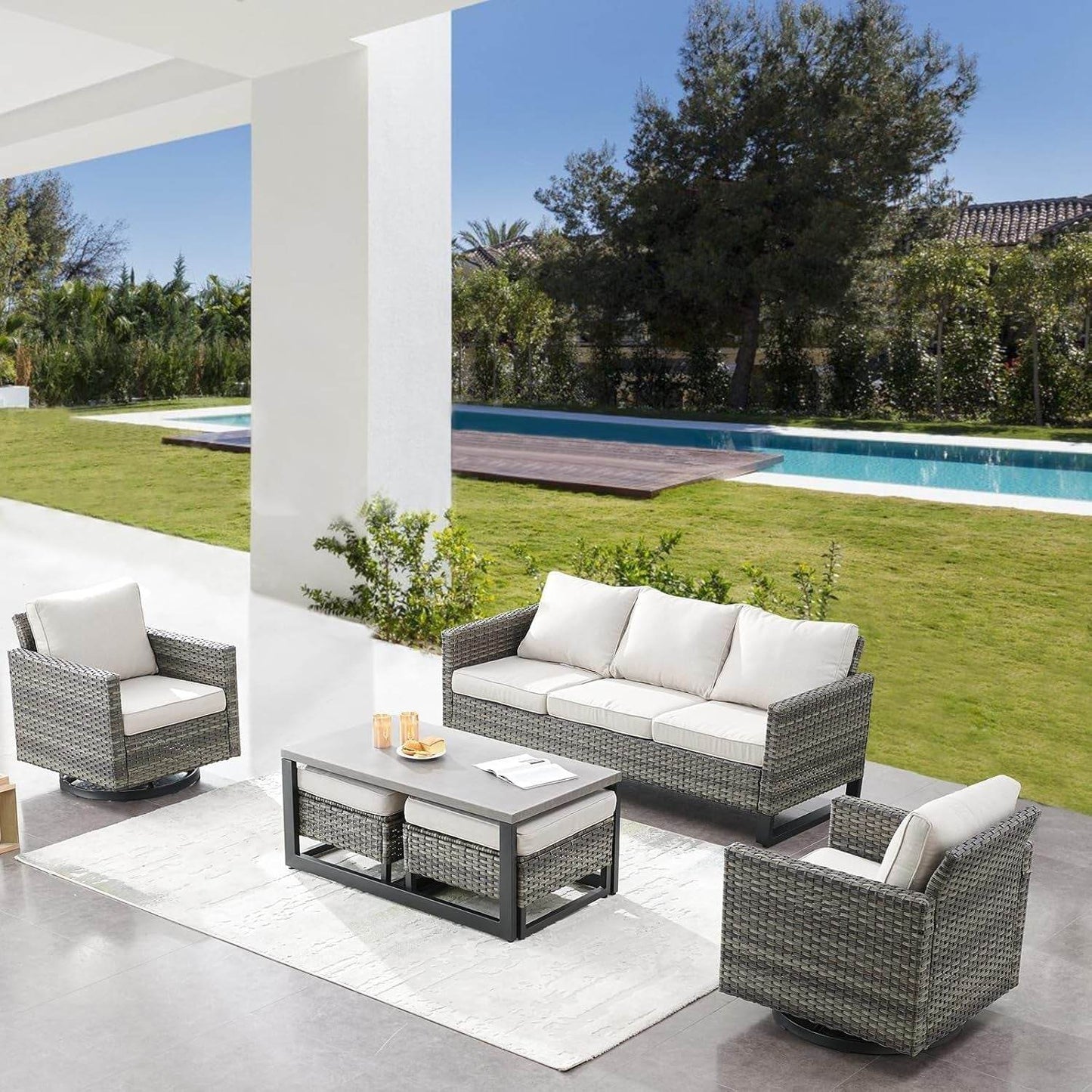 6 Piece Outdoor Furniture Patio Wicker Sofa Set, Oversize Outdoor Swivel Rocker Chairs with Rattan Ottomans, Conversation Sets Patio Furniture Come with Removable Washable Cushion - Loft&Timber