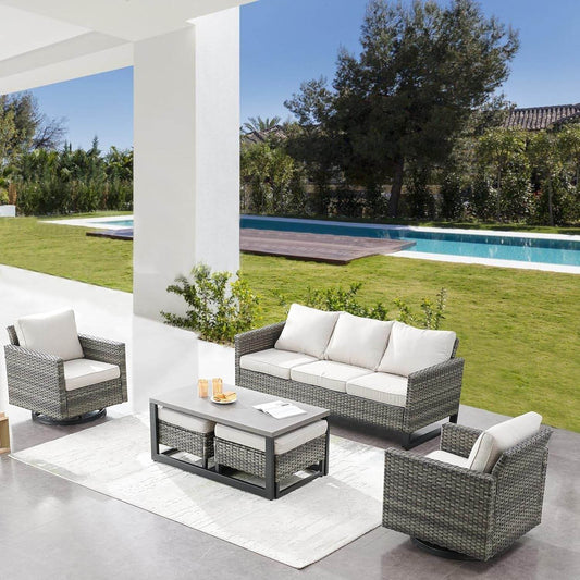 6 Piece Outdoor Furniture Patio Wicker Sofa Set, Oversize Outdoor Swivel Rocker Chairs with Rattan Ottomans, Conversation Sets Patio Furniture Come with Removable Washable Cushion - Loft&Timber