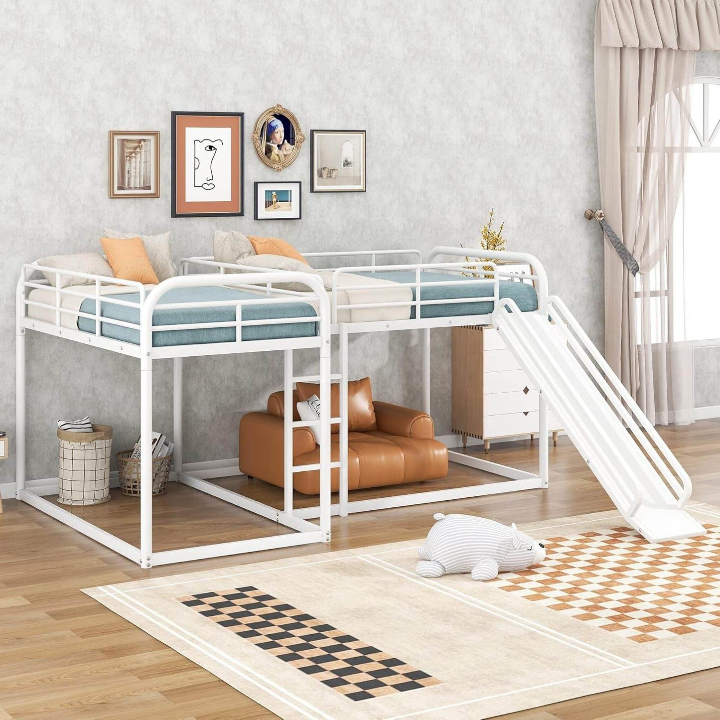 L-Shape Bunk Beds with Slide, Quad Bunk Bed for 4, Metal Twin Size Bunk Bed Attached with Full Size Bunk Bed Frame, Modern Corner Bunked for Multi-Kids Boys Girls Teens (White) - Loft&Timber