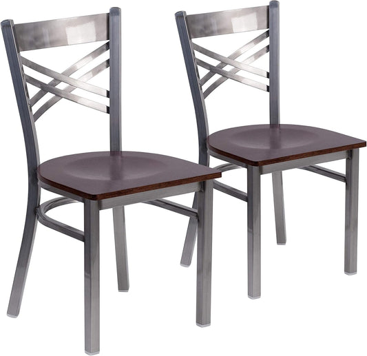 2 Pack Hercules Series Clear Coated X Back Metal Dining Chair Walnut Wood Seat-1