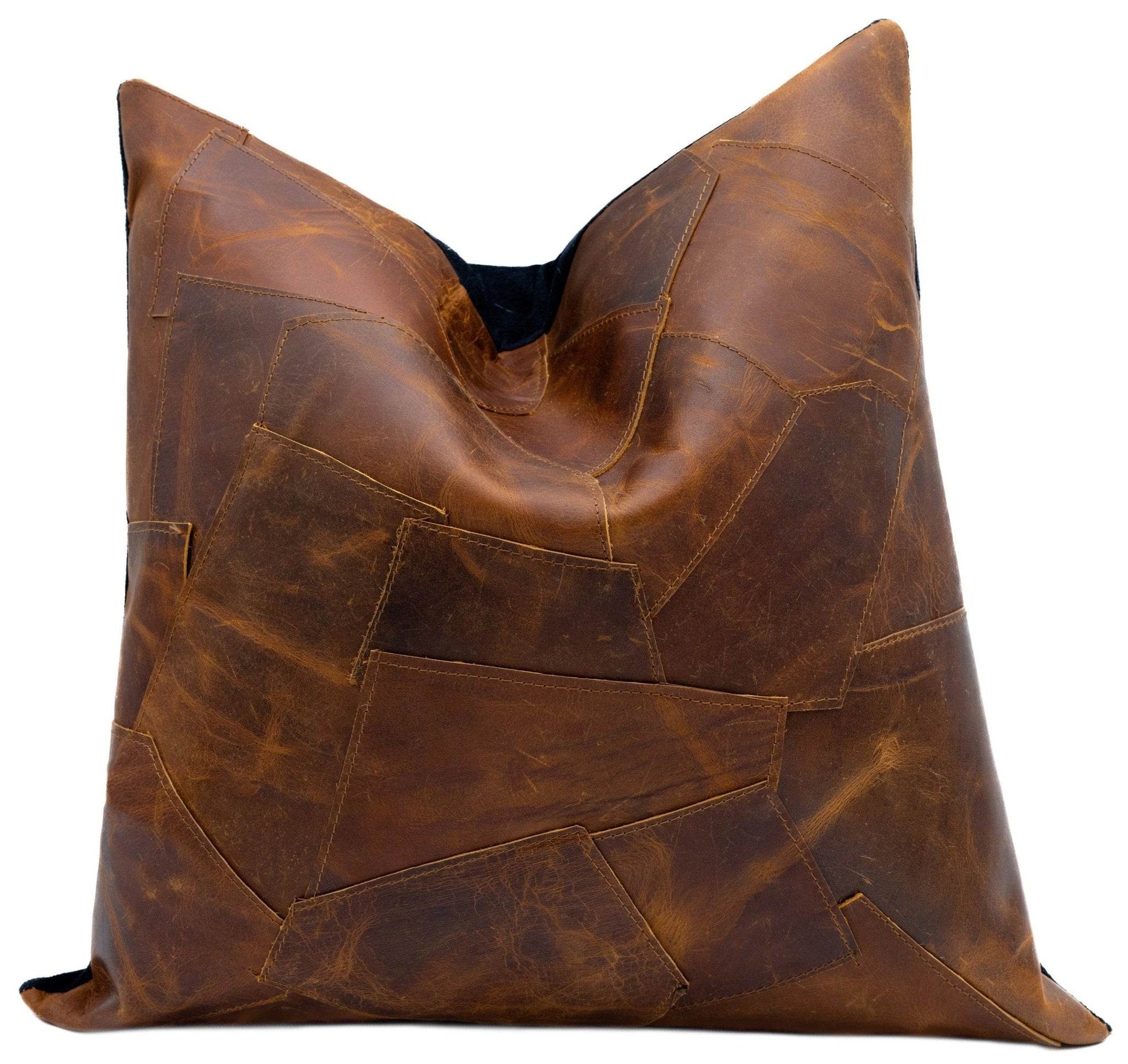 Canvello Genuine Cowhide Leather Decorative Throw Pillows - Handmade Patchwork Boho Accent Pillows For Sofa, Couch, Bed, Chair - Western Southwestern Farmhouse Pillow Covers With Feather Down Insert Included) - Loft&Timber