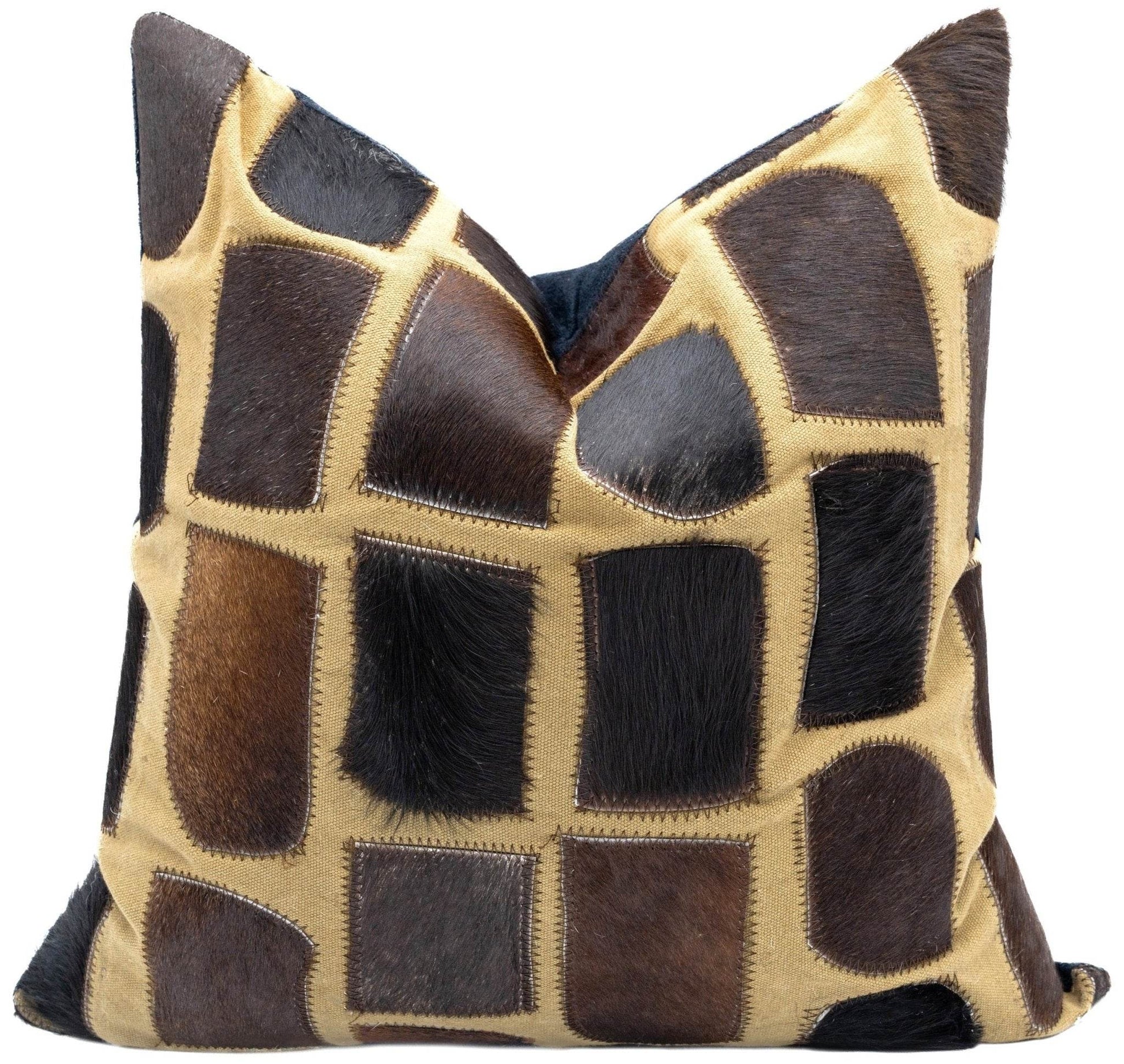Canvello Genuine Cowhide Leather Decorative Throw Pillows - Handmade Patchwork Boho Accent Pillows For Sofa, Couch, Bed, Chair - Western Southwestern Farmhouse Pillow Covers With Feather Down Insert Included - Loft&Timber