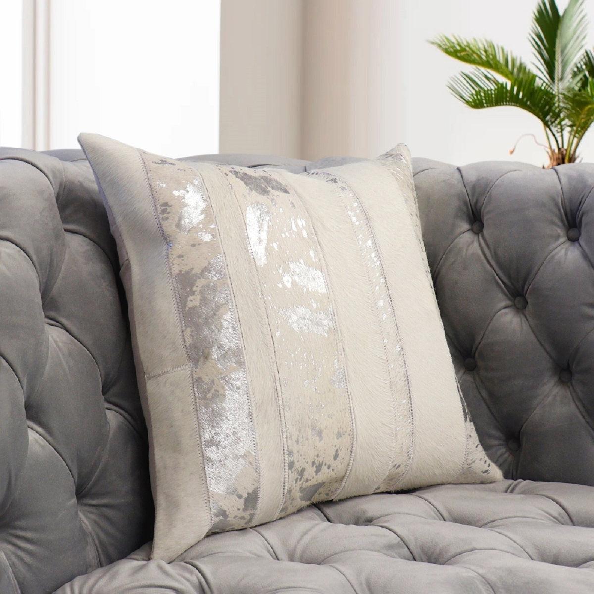 Canvello Safari Striped Silver Cowhide 17" Decorative Throw Pillow - Loft&Timber