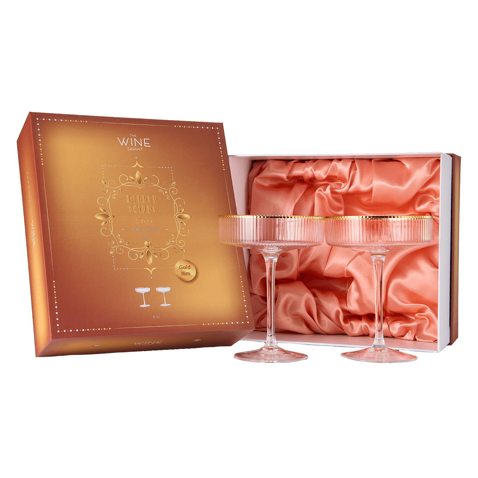 Ribbed Coupe Cocktail Glasses With Gold Rim 8 oz | Set of 2 | Classic Manhattan Glasses For Cocktails, Champagne Coupe, Ripple Coupe Glasses, Art Deco Gatsby Vintage, Crystal with Stems - Loft&Timber